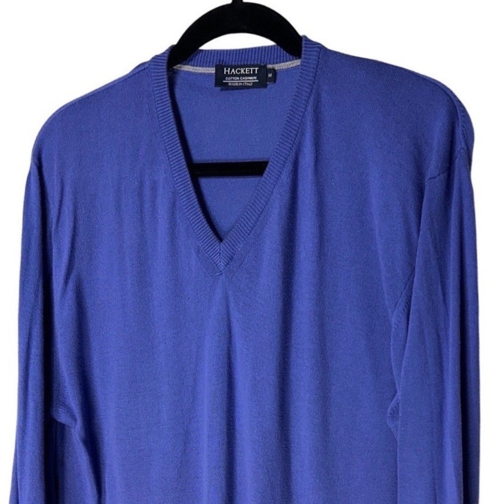 Hackett London Mens Blue Cotton Cashmere V-Neck Sweater Elbow Patches Size M